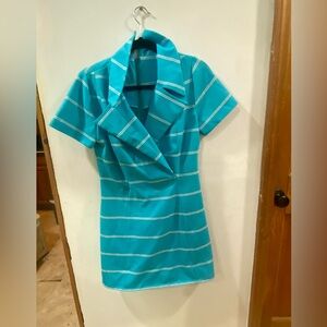 Vintage 60s Handmade Mod Dress Turquoise Stripe Retro Stewardess Mini S